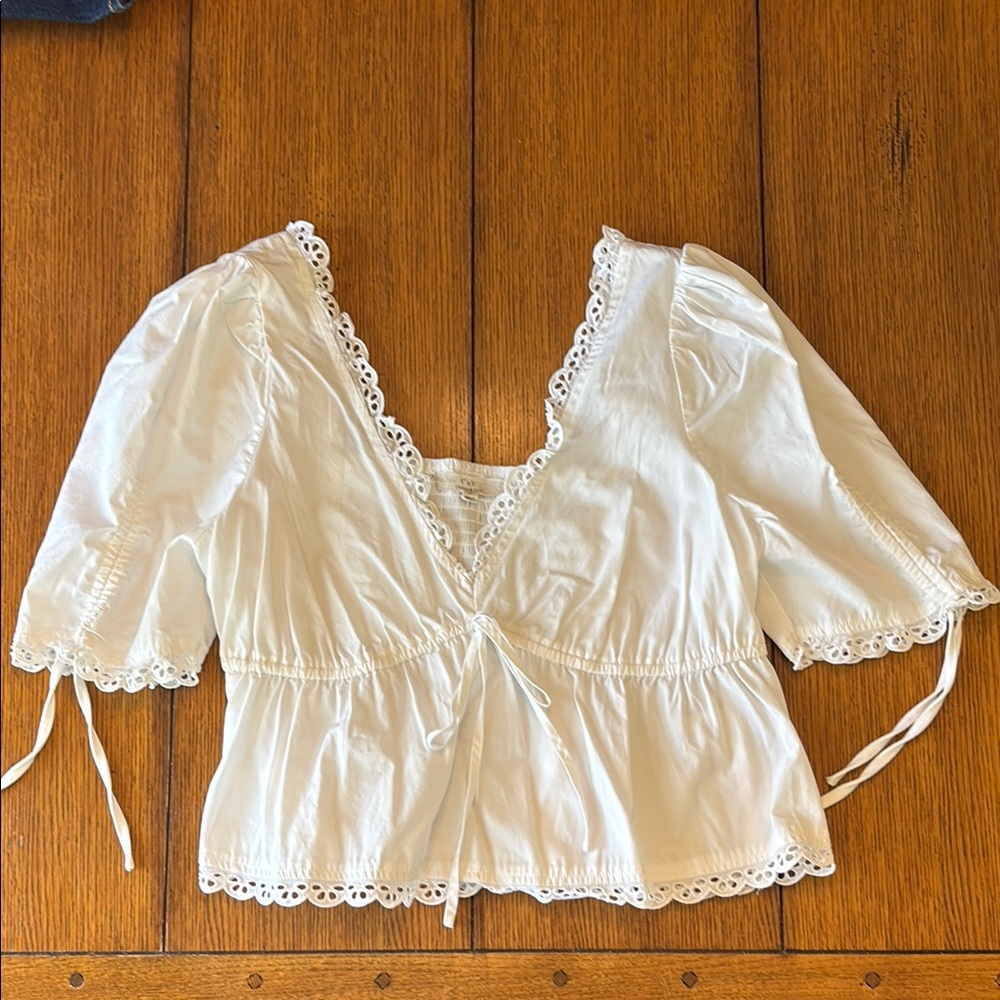 Chelsea and Violet White Eyelet Lace Trimmed Women's baby doll  Top